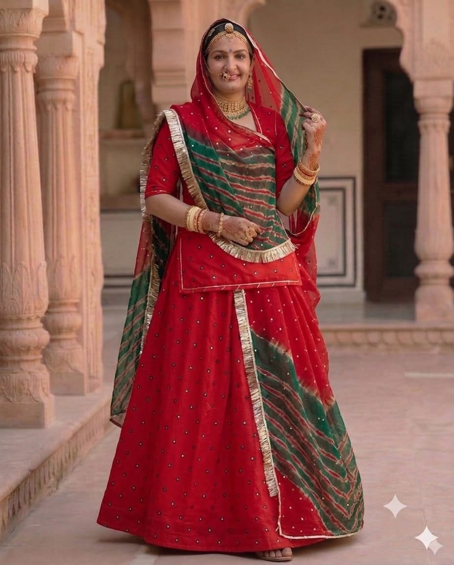 Pink Pure Tissue Mukesh Tari Rajputi Poshak Fabric with Green Leheriya Odhni | Traditional Rajasthani Dress Material