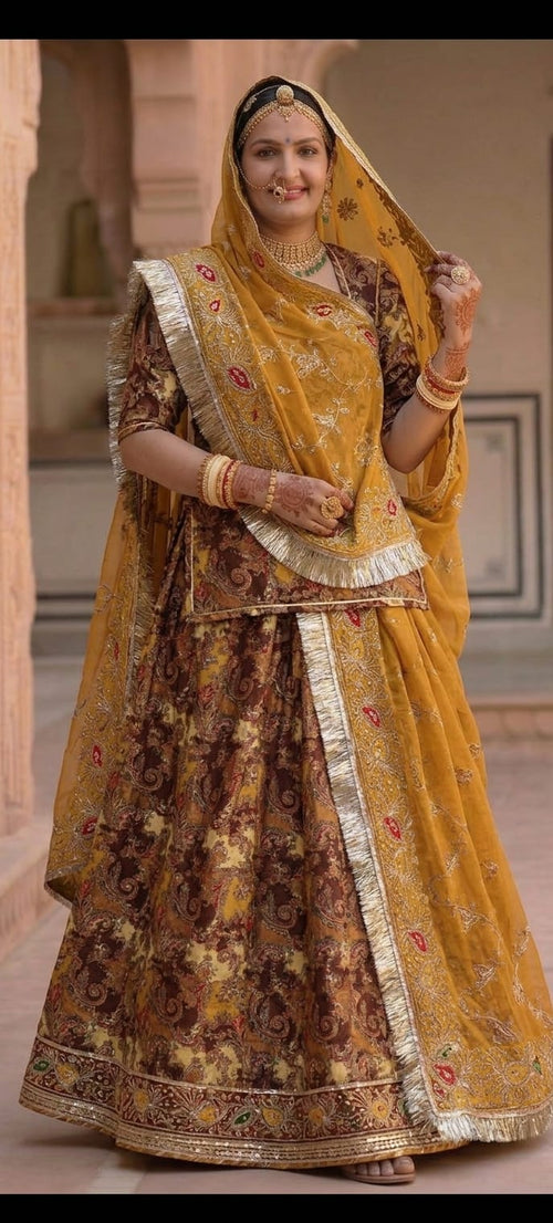 Brown & Mustard Yellow Saas Bahu Rajputi Poshak Set with Pure Fabric & Zari Work | Traditional Wedding Wear