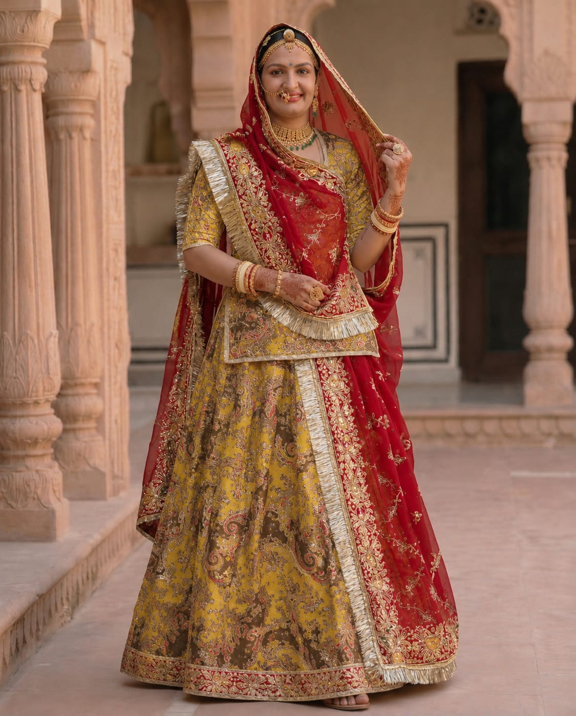 A woman wearing an ornate traditional Indian lehenga choli outfit stands in a stone corridor. The outfit features a yellow skirt with intricate gold and red floral embroidery, a red choli, and a matching red dupatta with gold borders.