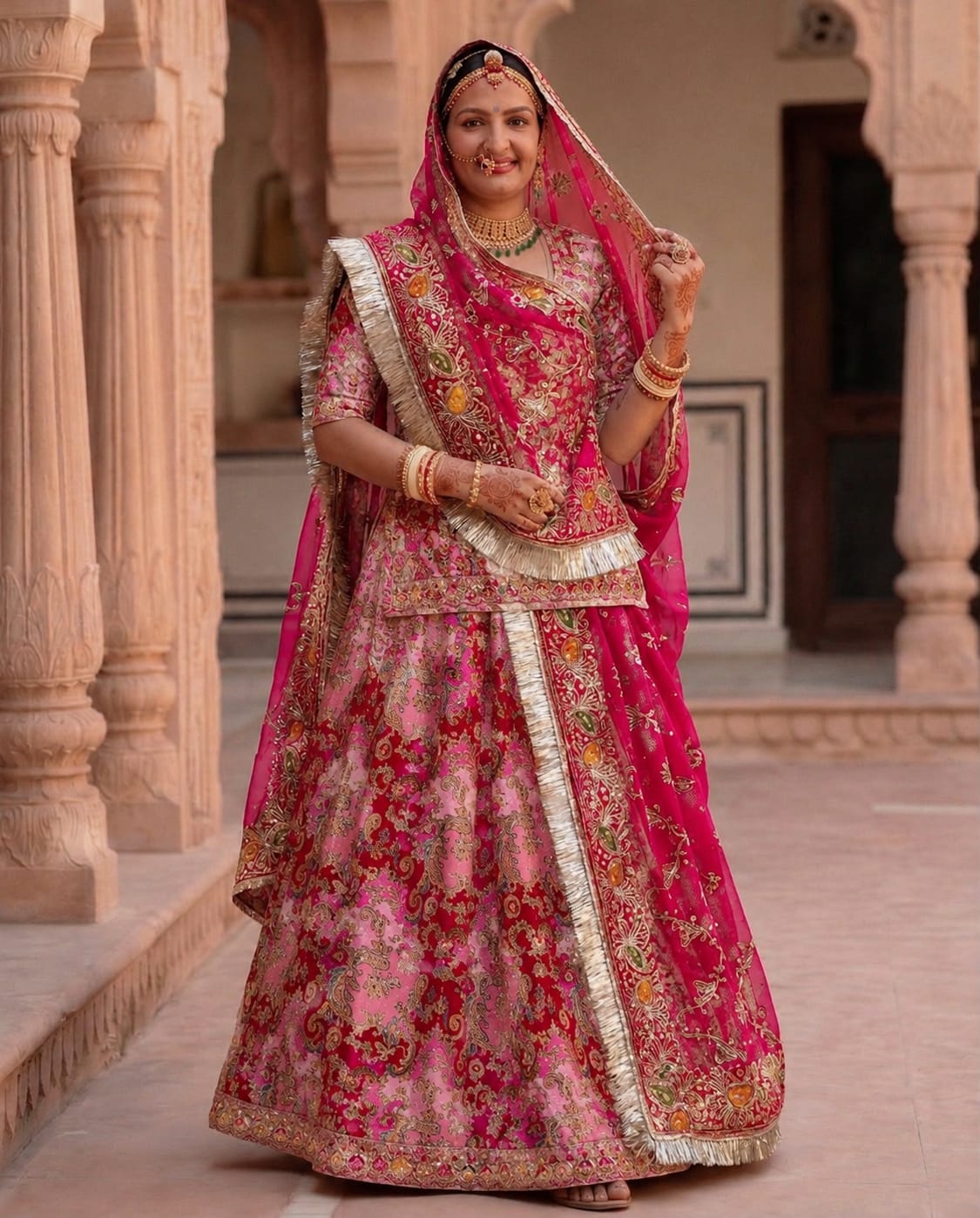 Pink Paisley Saas Bahu Rajputi Poshak Pure Fabric with Heavy Zari Work Odhani | Traditional Wedding Wear