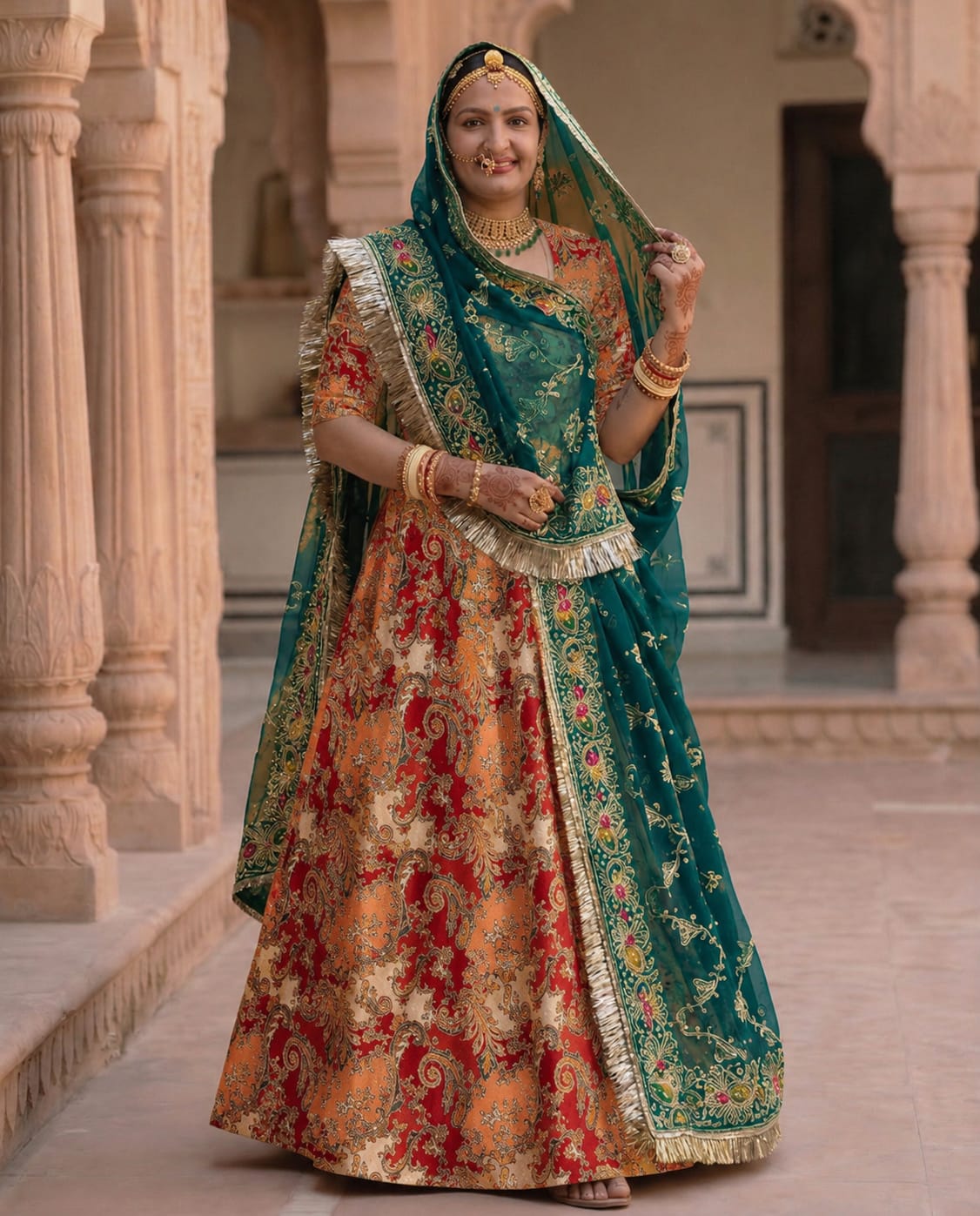 Saas Bahu Rajputi Poshak in Multicolor Paisley Print with Teal Zari Work Odhani | Pure Fabric Traditional Dress