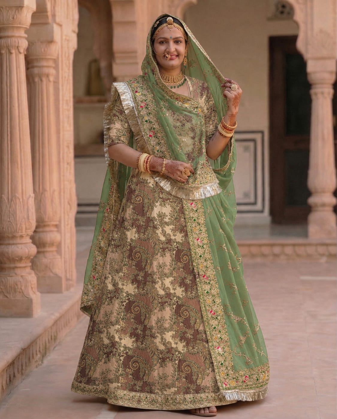 A woman wearing an ornate traditional Indian lehenga choli set in olive green and gold, standing in a historic courtyard with stone pillars.