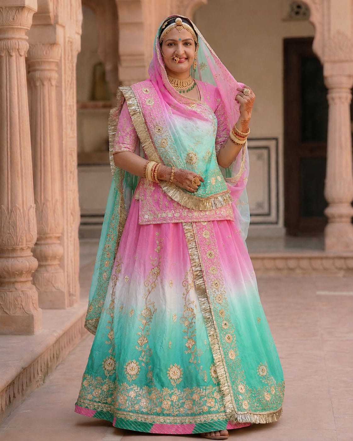 Pink & Sea Green Ombre Rajputi Poshak for Women | Crepe Fabric | Zardoji & Sequin Work Traditional Designer Poshak