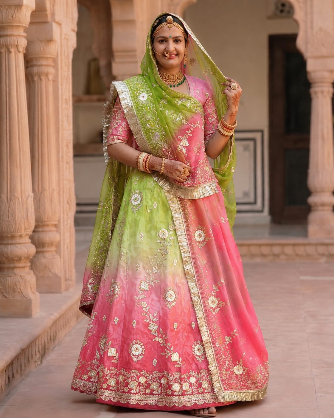 Green & Pink Ombre Rajputi Poshak in Crepe Fabric | Zardoji & Sequin Work Traditional Bridal Dress