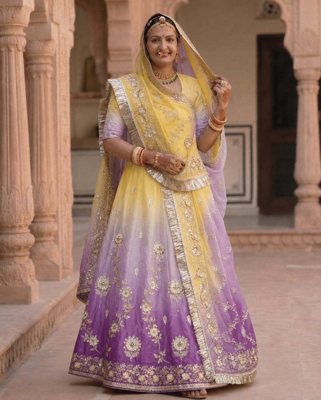 Yellow Purple Ombre Gradient Rajputi Poshak for Women | Crepe Fabric | Zardoji & Sequin Work | Traditional Rajasthani Dress
