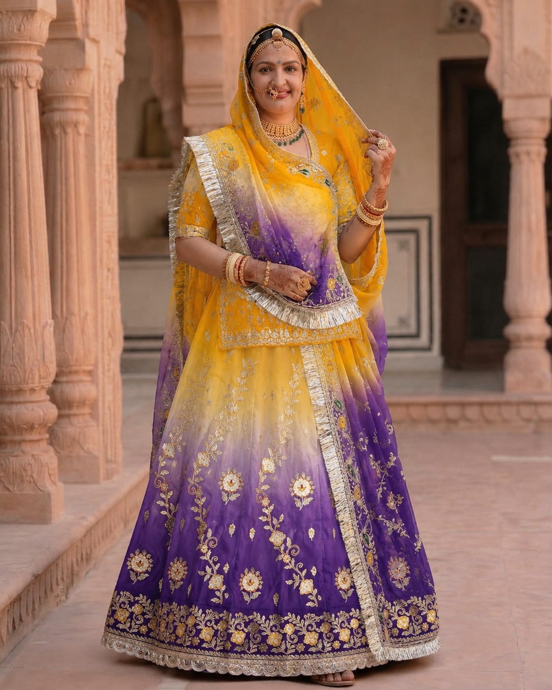 Yellow Purple Ombre Gradient Rajputi Poshak for Women | Crepe Fabric | Zardoji & Sequin Work | Traditional Rajasthani Dress