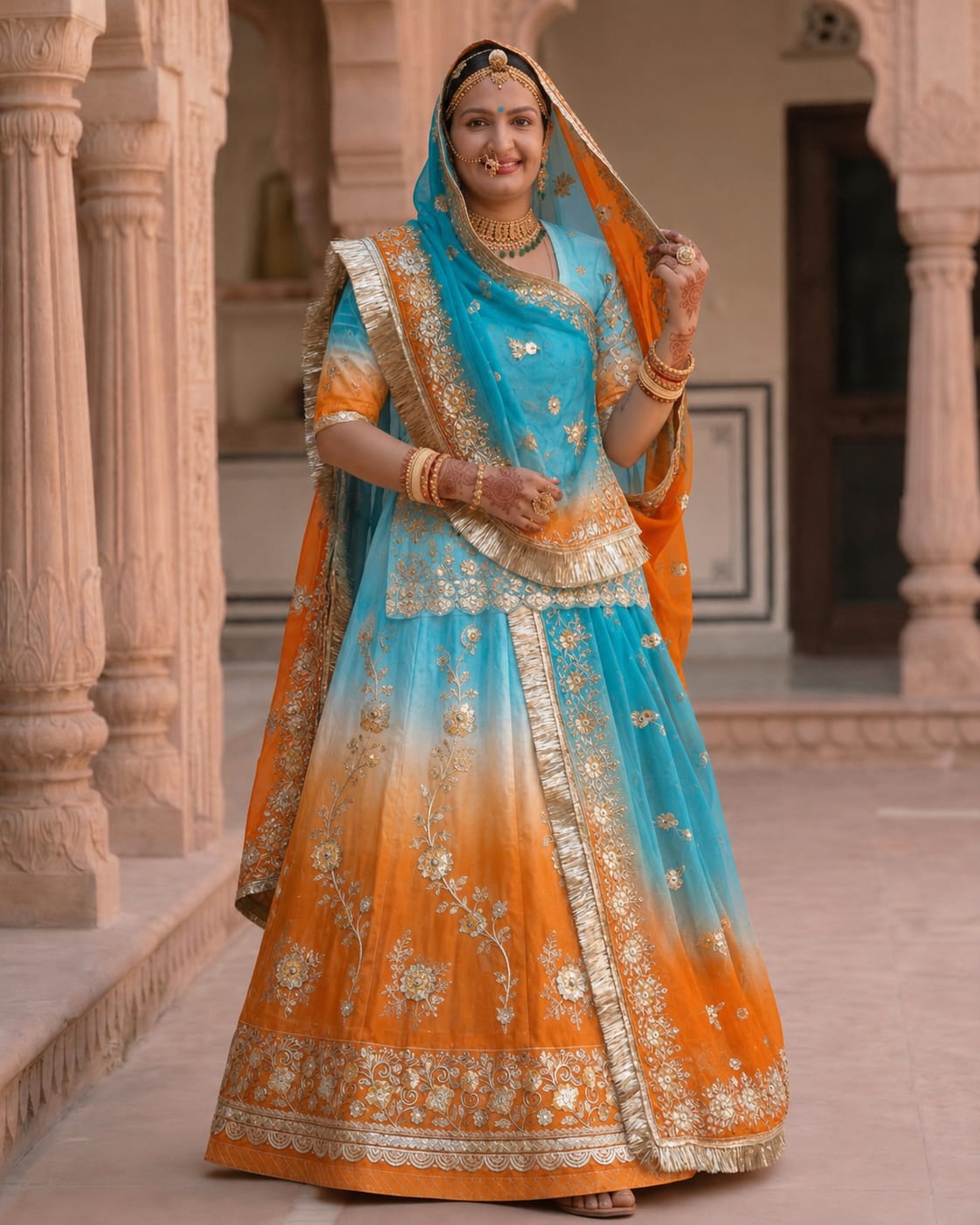 Sky Blue & Orange Ombre Shaded Rajputi Poshak in Crepe Fabric with Zardoji & Sequin Work | Traditional Rajasthani Dress