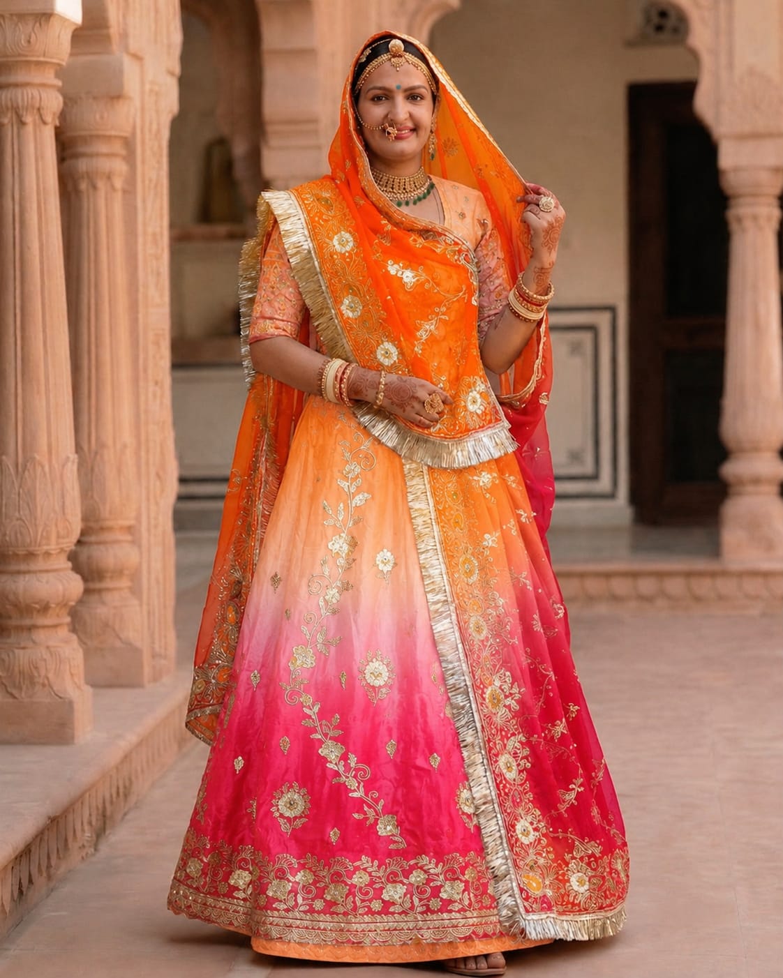 Ombre Shaded Gradient Rajputi Poshak in Crepe Fabric with Zardoji & Sequin Work | Orange Pink Traditional Rajputi Dress