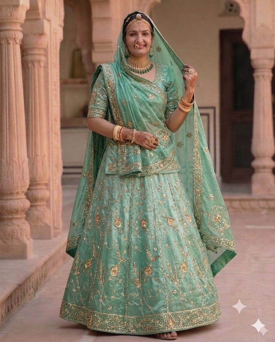 Double Colour Shaded Half Pure Rajputi Poshak with Humrahi Odhni | Natural Crepe Fabric | Heavy Zardoji Work | Sea Green & Dark Green