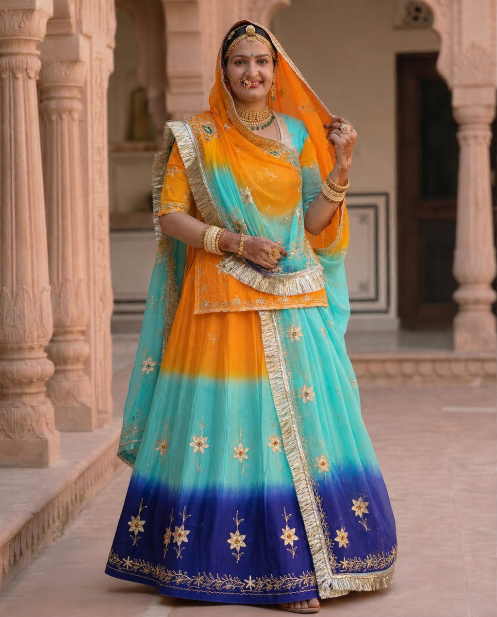 Premium Shaded Zari Work Rajputi Poshak in Natural Crepe Fabric | Mustard Yellow, Aqua Blue & Royal Blue Traditional Dress