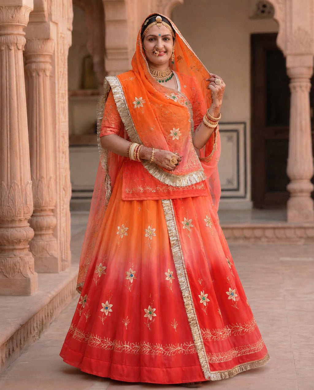 Orange to Red Shaded Zari Work Rajputi Poshak for Women | Natural Crepe Fabric Traditional Bridal Dress