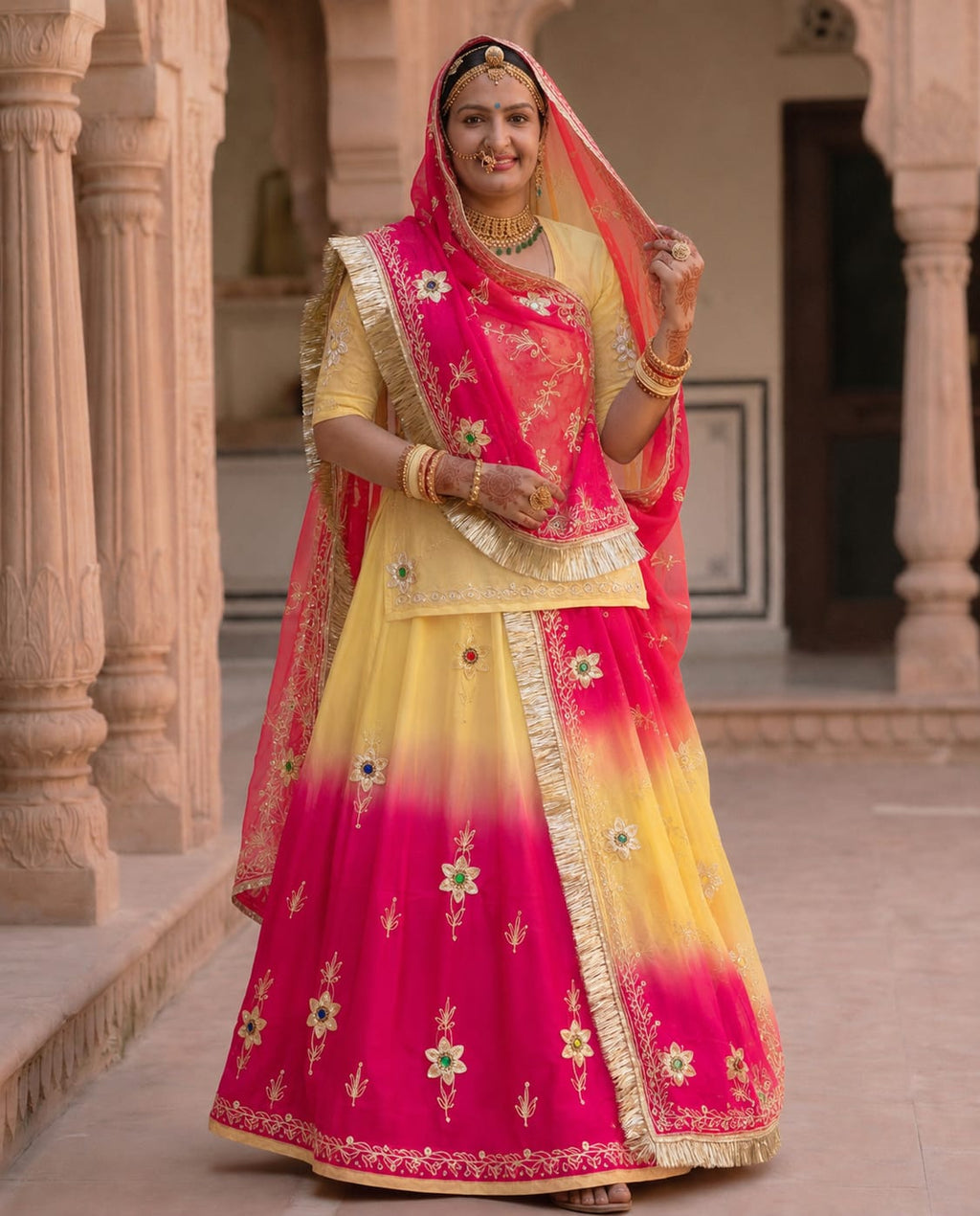 Yellow & Rani Pink Shaded Zari Work Rajputi Poshak for Women | Natural Crepe Fabric Traditional Ethnic Dress
