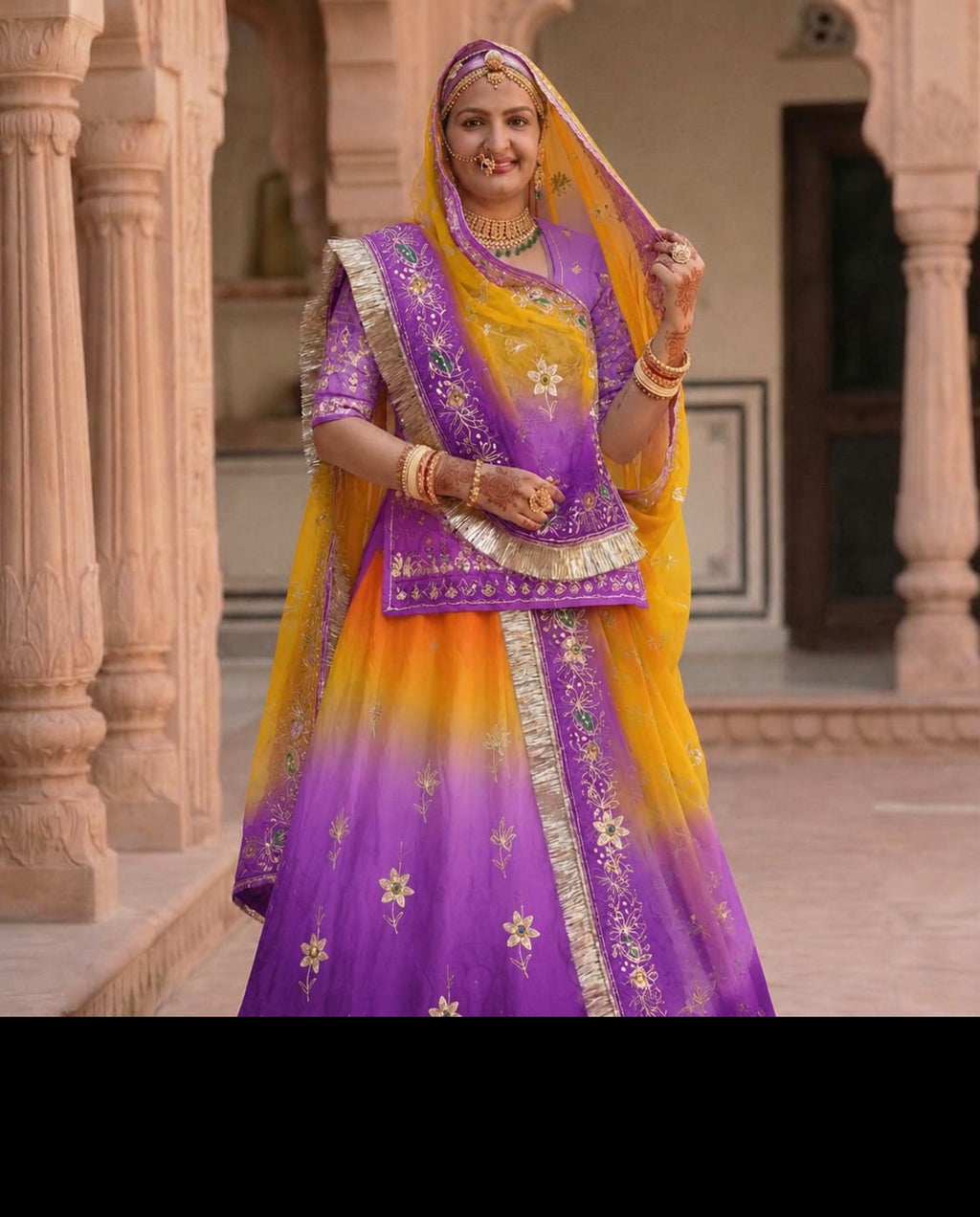 Purple & Yellow Shaded Zari Work Rajputi Poshak for Women | Natural Crepe Traditional Rajasthani Dress