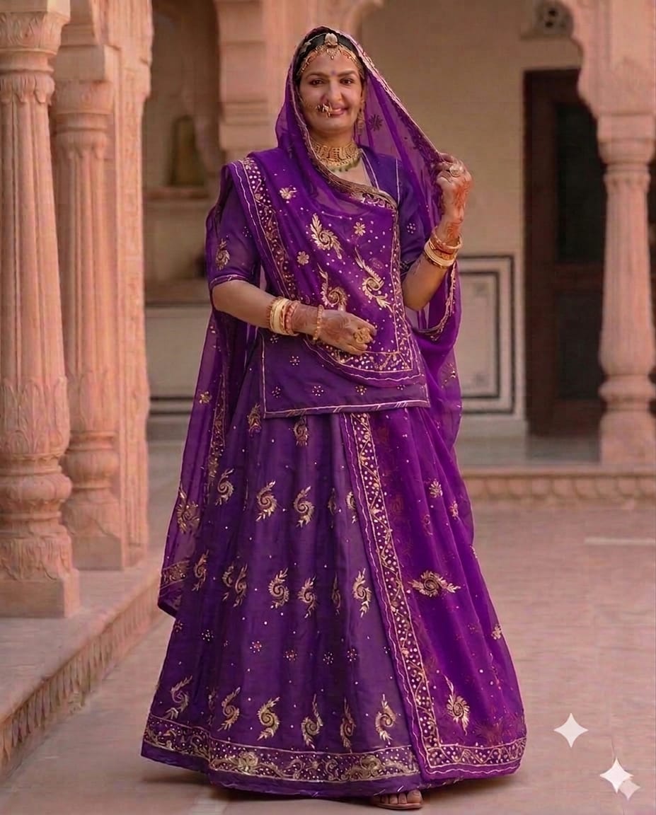 Royal Purple Khuli Bunti Natural Crepe Rajputi Poshak with Thakurji Pure Odhni | Heavy Zardoji Work Traditional Dress