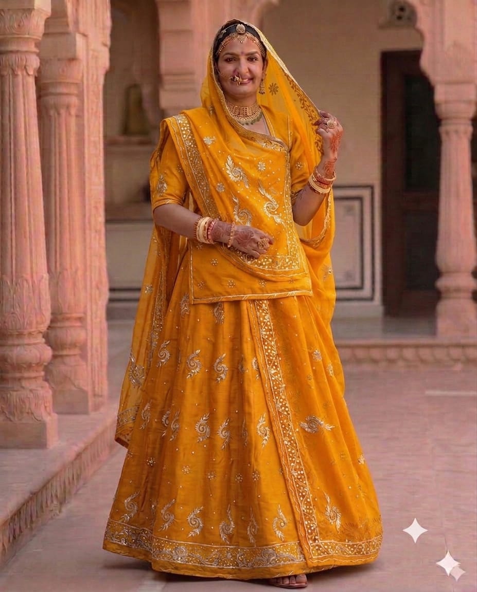 Mustard Yellow Khuli Bunti Rajputi Poshak with Thakurji Pure Odhni | Natural Crepe Fabric | Heavy Zardoji Work | Traditional Rajasthani Bridal Wear