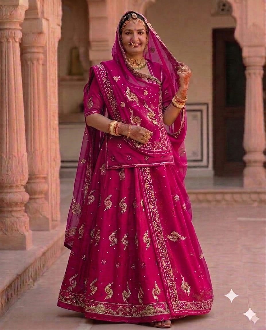 Rani Pink Khuli Bunti Rajputi Poshak with Thakurji Pure Odhni | Natural Crepe Fabric | Heavy Zardoji Work | Traditional Rajputi Dress