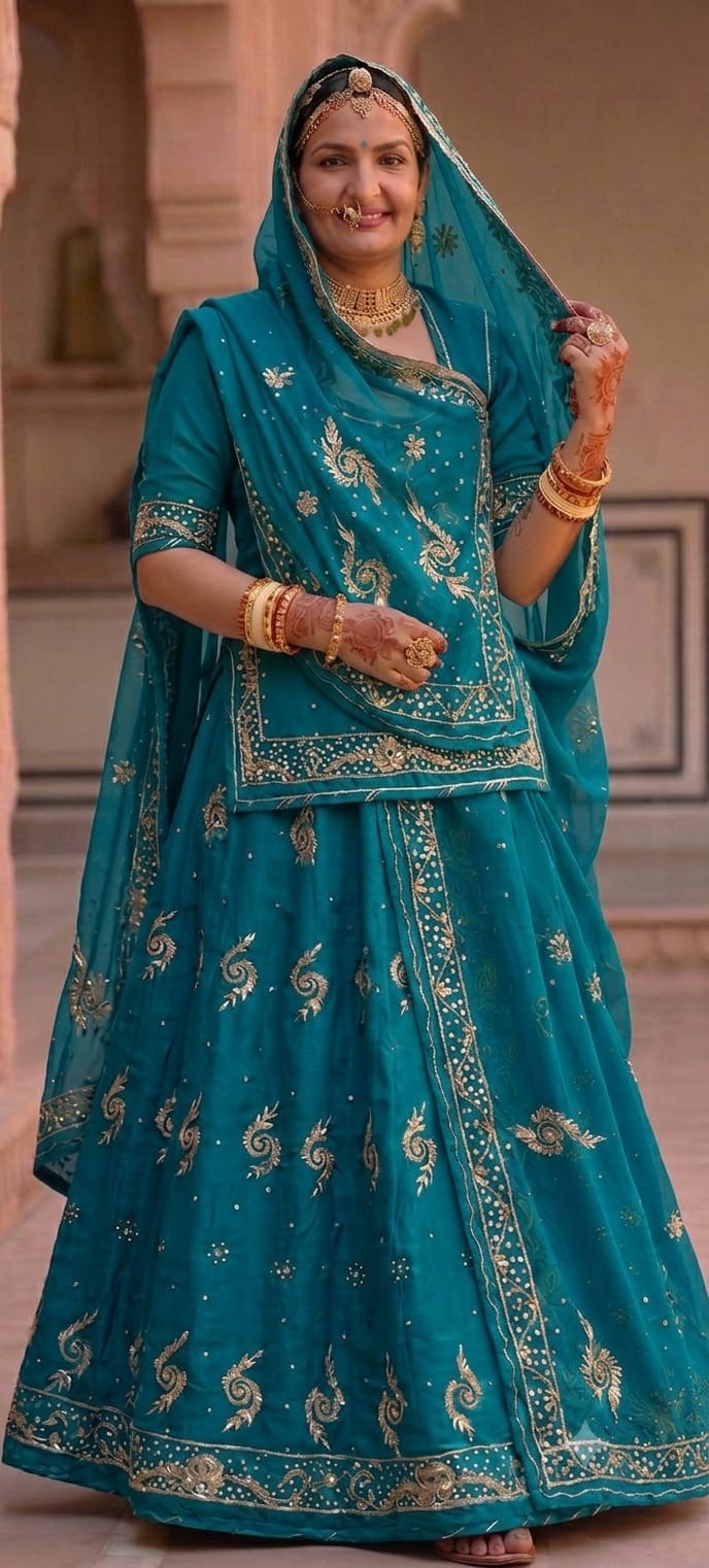 Khuli Bunti Design Rajputi Poshak with Thakhurji Pure Odhni – Natural Crepe Pure Fabric Zardozi Work Traditional Rajputi Dress
