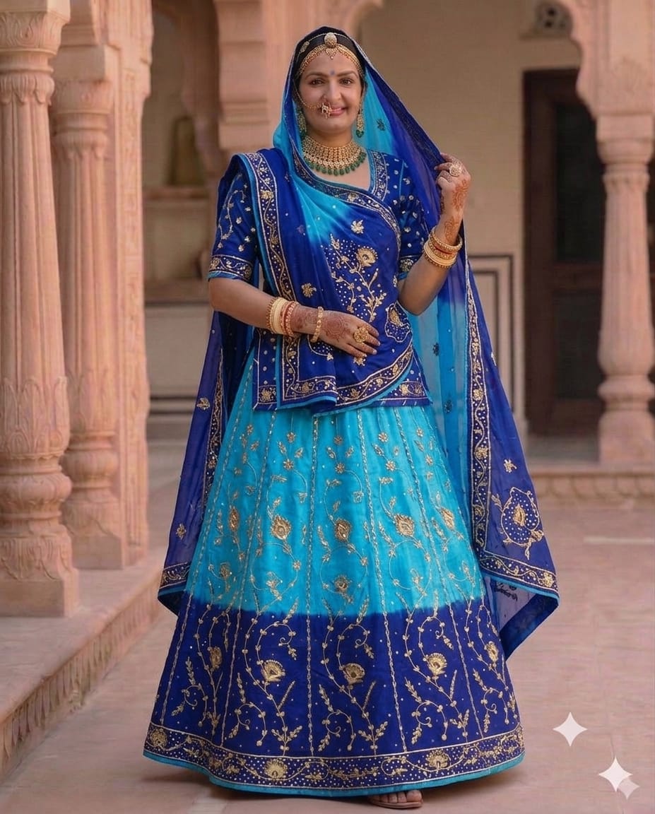 Royal Blue & Sky Blue Double Colour Shaded Half Pure Rajputi Poshak with Humrahi Odhni | Natural Crepe Fabric | Heavy Zardoji Work