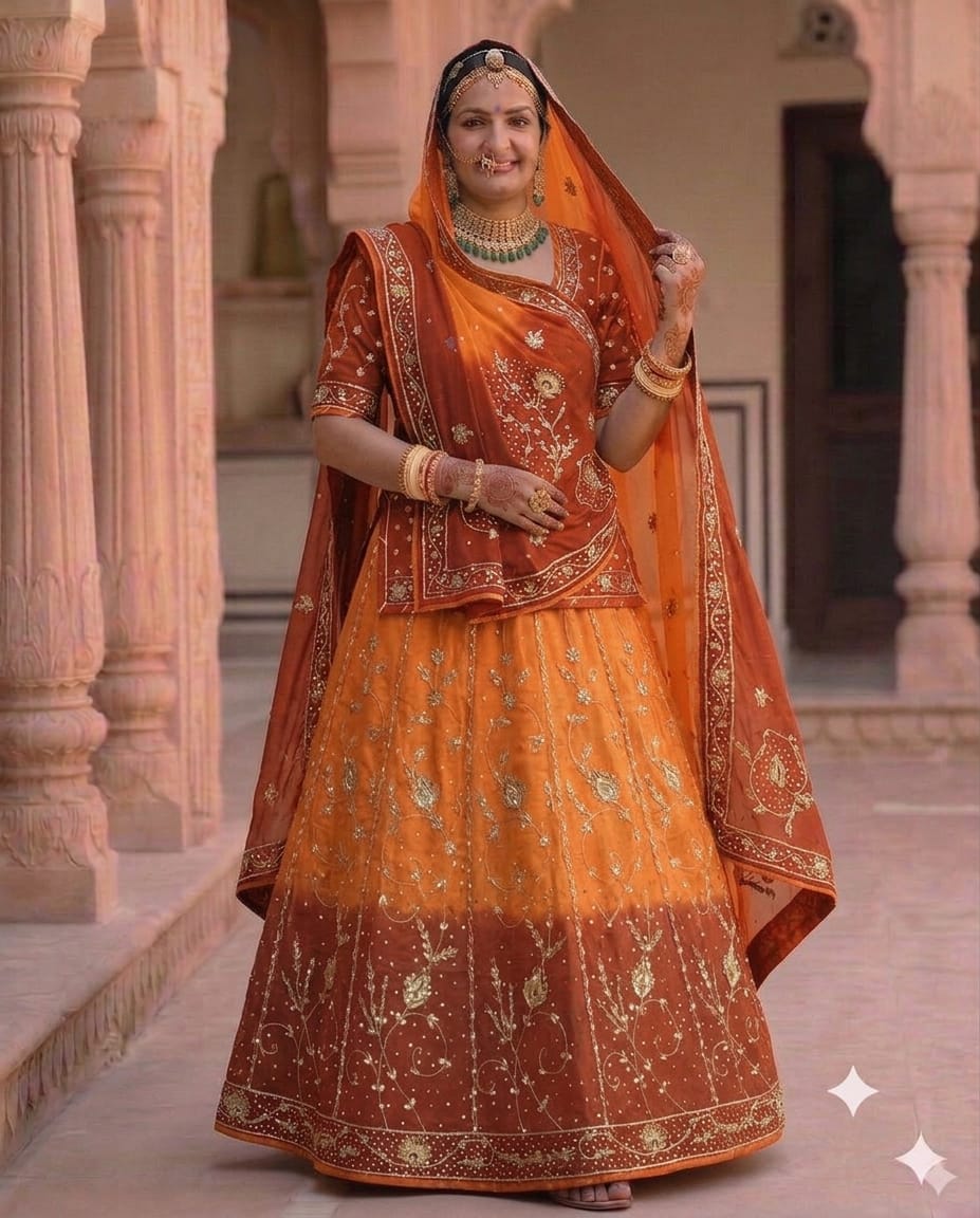 Double Colour Shaded Half Pure Rajputi Poshak with Humrahi Odhni | Natural Crepe Fabric | Heavy Zardoji Work | Orange & Rust Brown