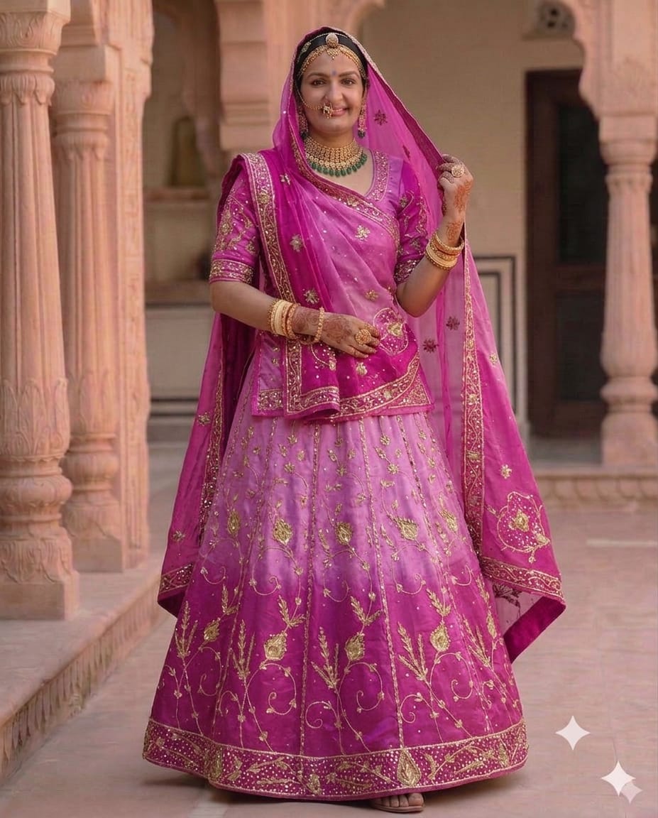 Double Colour Shaded Half Pure Rajputi Poshak with Humrahi Odhni | Natural Crepe Fabric | Heavy Zardoji Work | Rani Pink & Magenta