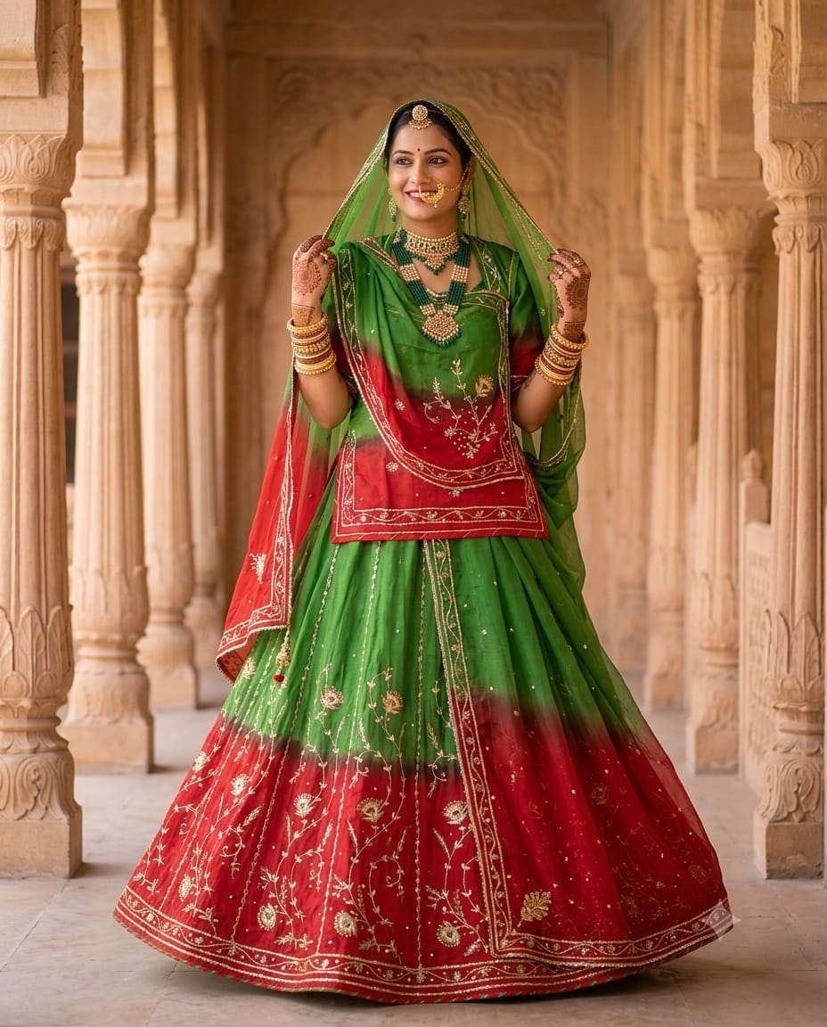 Green & Red Double Colour Shaded Half Pure Rajputi Poshak with Humrahi Odhni | Natural Crepe | Zardoji Work