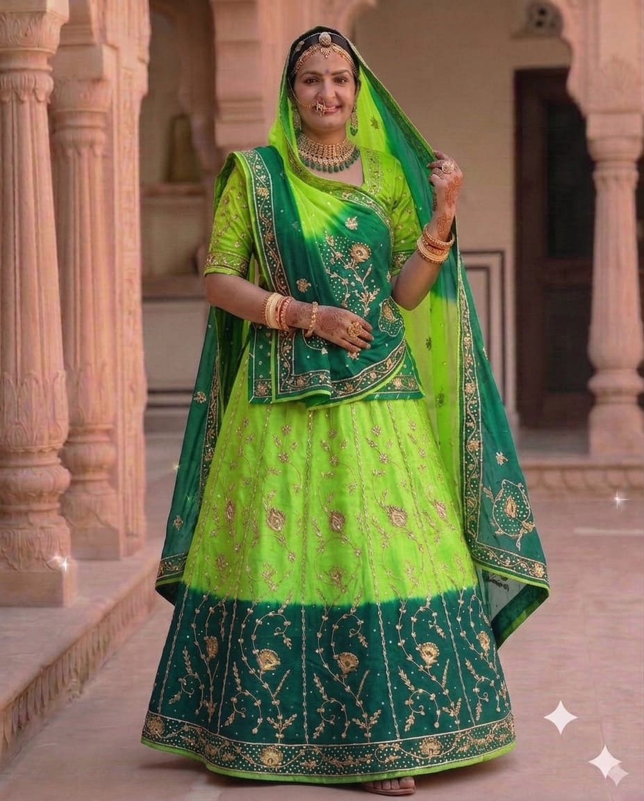 Double Colour Shaded Parrot Green & Bottle Green Half Pure Rajputi Poshak with Humrahi Odhni | Natural Crepe | Zardoji Work