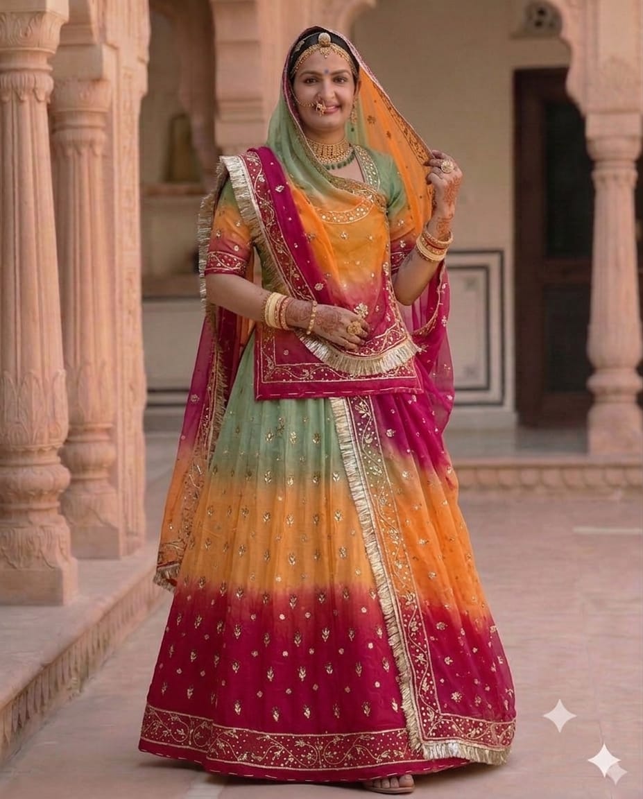 Ghevar Desgin Tri Colour Rajputi Poshak With Thakhurji Pure Odhni | Natural Crepe Fabric | Traditional Rajasthani Bridal Wear