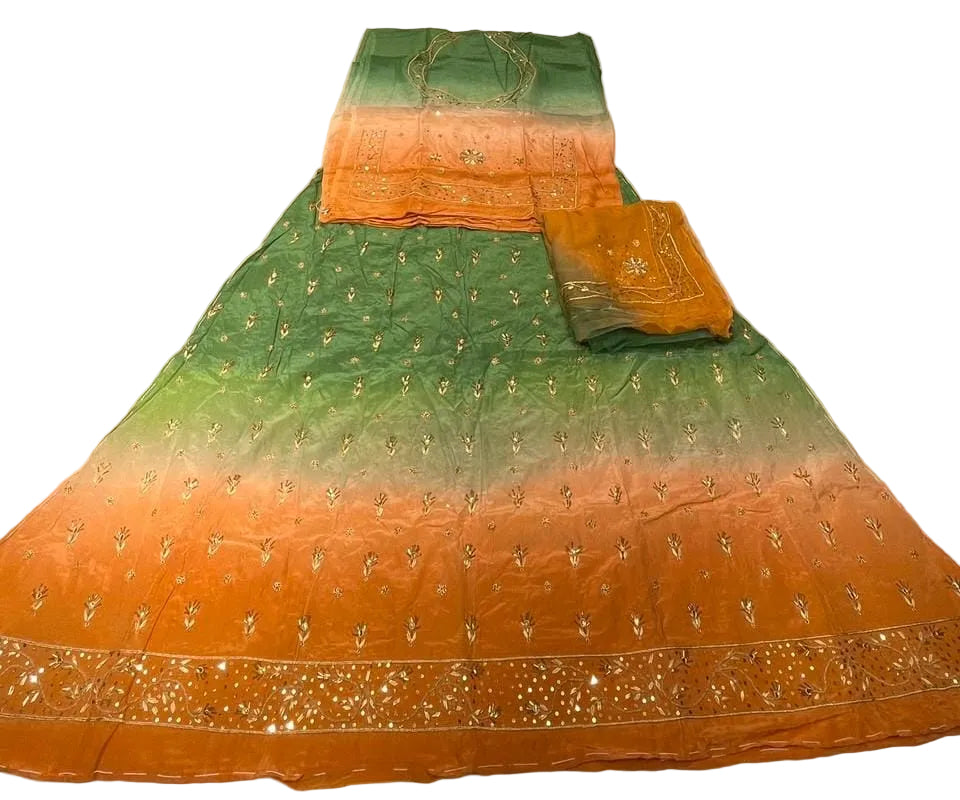 Rajputi Poshak – Ghevar Design Natural Crepe – Mint Green, Peach & Burnt Orange with Thakhurji Odhni – Ganga Rajputi Poshak, Bikaner