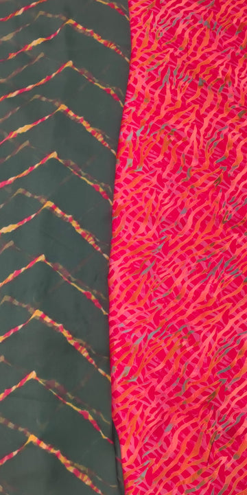 Savan Leheriya Cotton Rajputi Poshak Fabric with Leheriya Rajan Odhni | Dark Bottle Green & Rani Pink | Premium Cotton Kapda