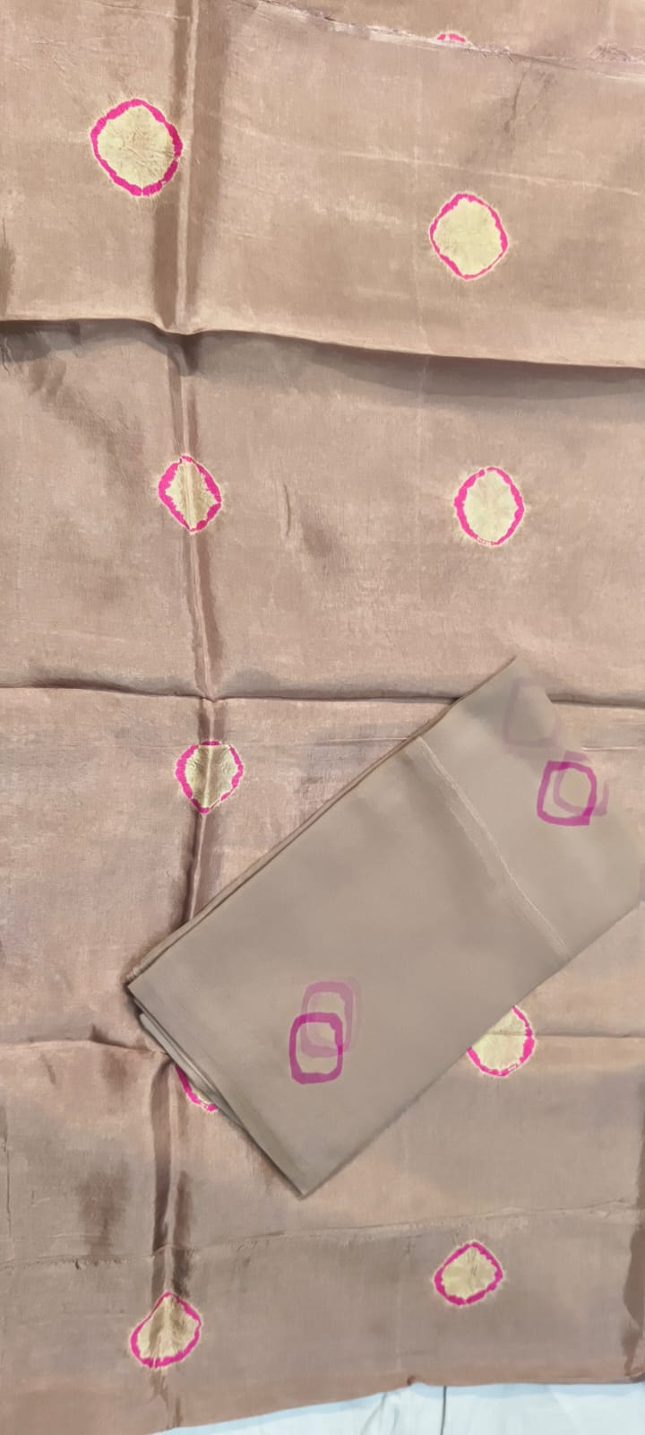 Bati Pure Natural Crepe Suit – Taupe Beige with Pink & Gold Bati Design | Premium Ethnic Wear for Women