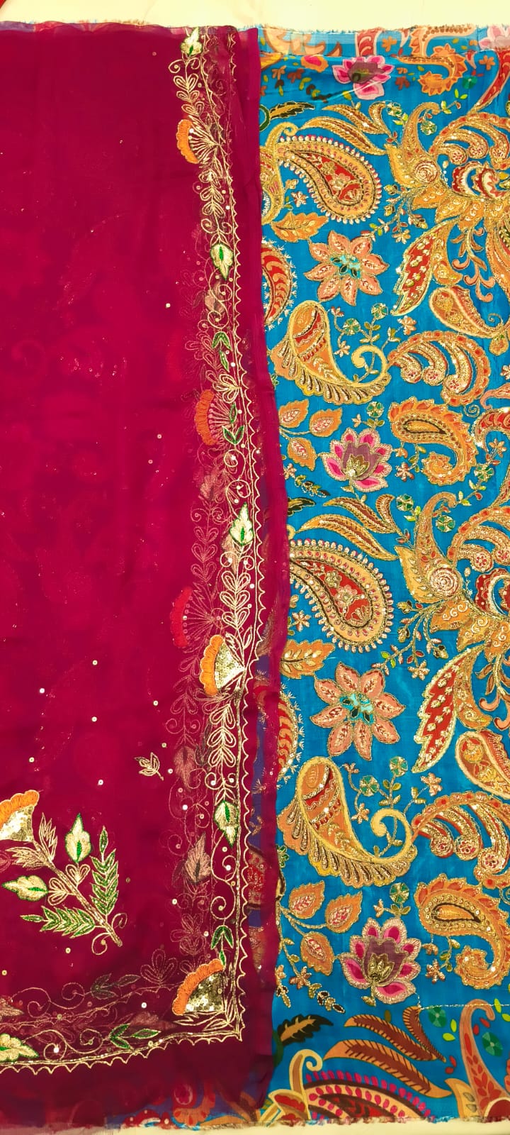 Double Kerry Position Print Natural Pure Crepe Suit Fabric with Rajan Zardoji Handwork Odhni | Rani Pink & Turquoise Blue Rajputi Dress Material
