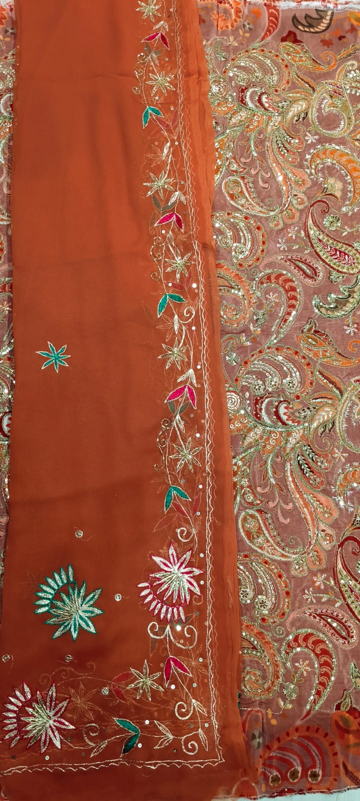 Rust Orange Double Kerry Position Print Natural Pure Crepe Suit Fabric with Rajan Zardoji Handwork Odhni | Traditional Rajputi Dress Material