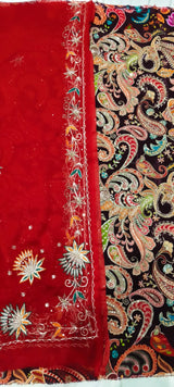 Double Kerry Position Print Natural Pure Crepe Suit Fabric with Rajan Zardoji Handwork Odhni | Rajputi Dress Material | Red & Brown