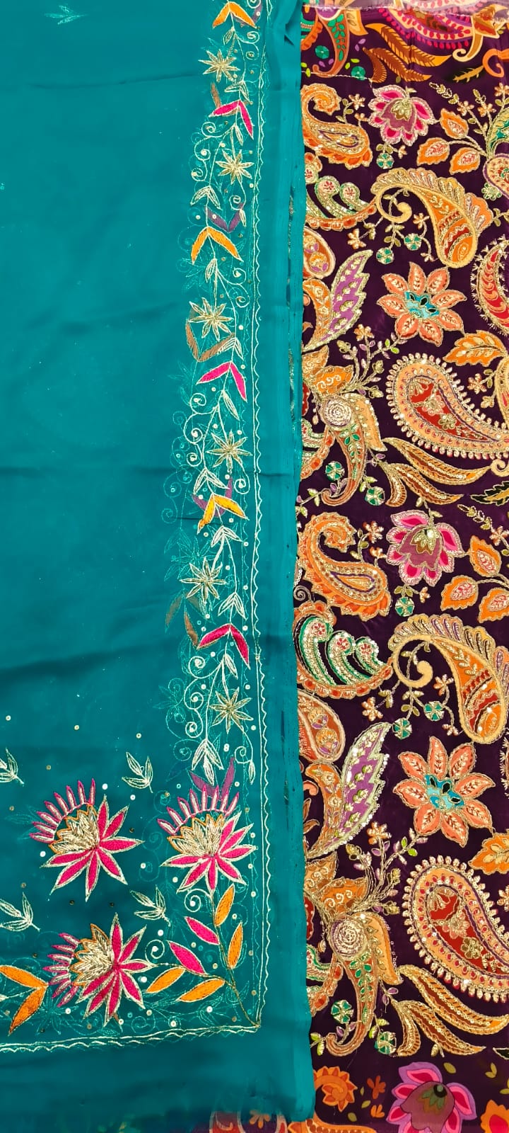 Bengani Colour Double Kerry Position Print Natural Pure Crepe Suit Fabric with Rajan Zardoji Handwork Odhni | Traditional Rajputi Dress Material