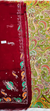 Double Kerry Olive Green Zari Embroidery Fabric with Maroon Rajan Zardoji Handwork Odhni