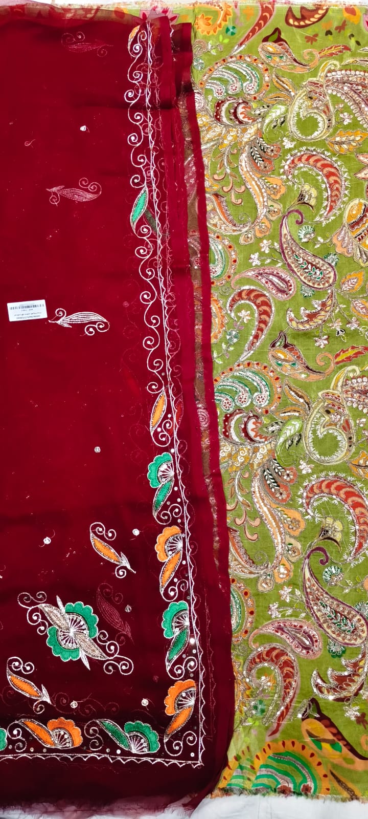 Double Kerry Olive Green Zari Embroidery Fabric with Maroon Rajan Zardoji Handwork Odhni