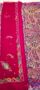 Double Kerry Mauve Zari Embroidery Fabric with Rani Pink Rajan Zardoji Handwork Odhni