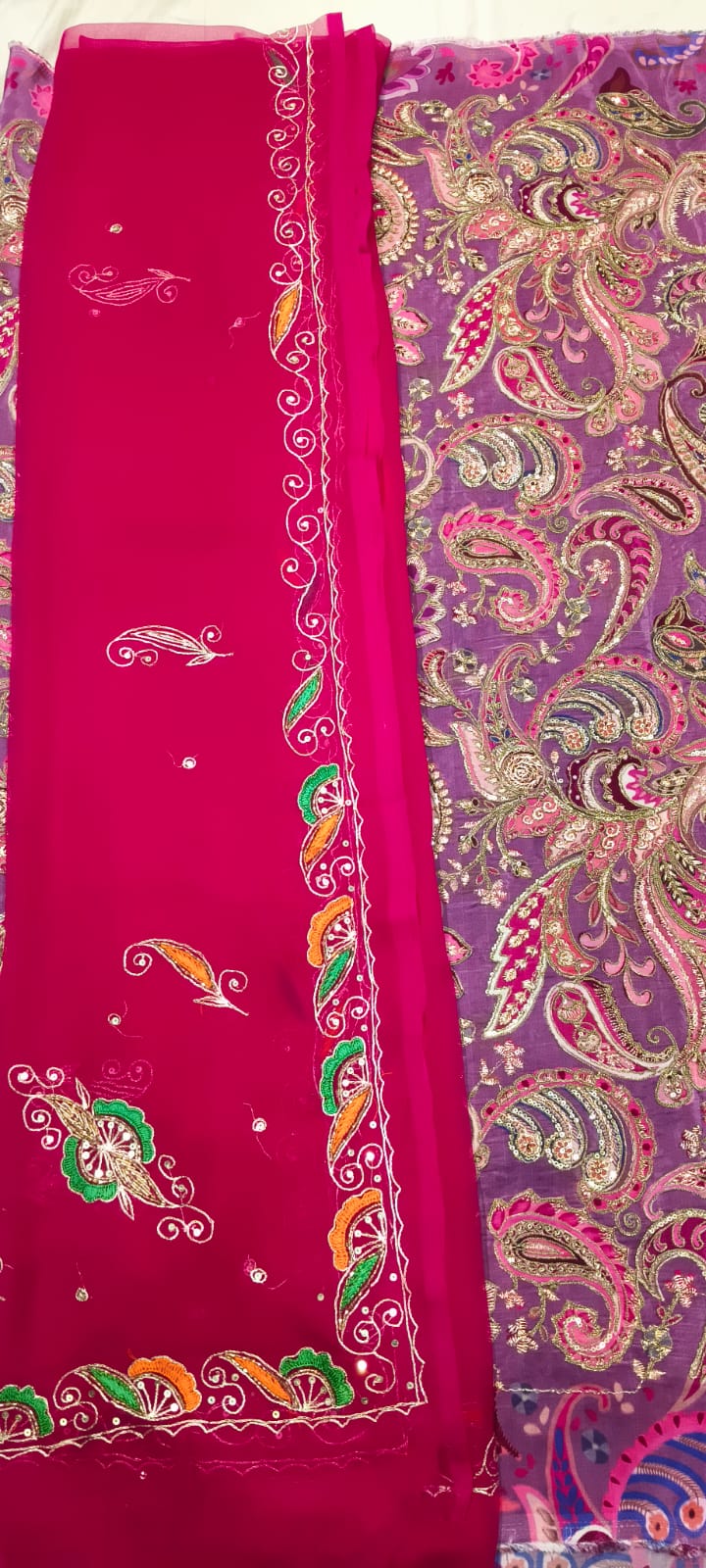 Double Kerry Mauve Zari Embroidery Fabric with Rani Pink Rajan Zardoji Handwork Odhni