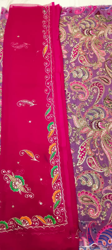 Double Kerry Mauve Zari Embroidery Fabric with Rani Pink Rajan Zardoji Handwork Odhni