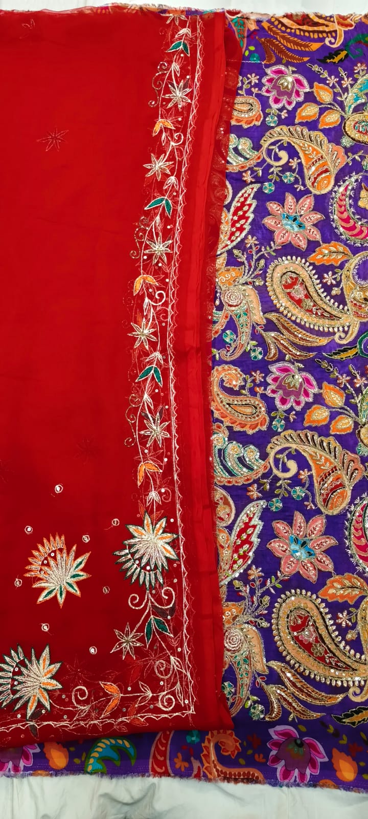 Double Kerry Purple Zari Embroidery Fabric with Red Rajan Zardoji Handwork Odhni