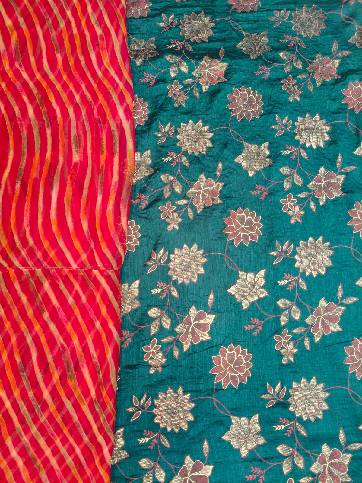 Classic Richa Silk Rajputi Suit with Kamal Pati Design & Rajan Lehriya Odhni | Teal Blue & Rani Pink | Traditional Ethnic Wear