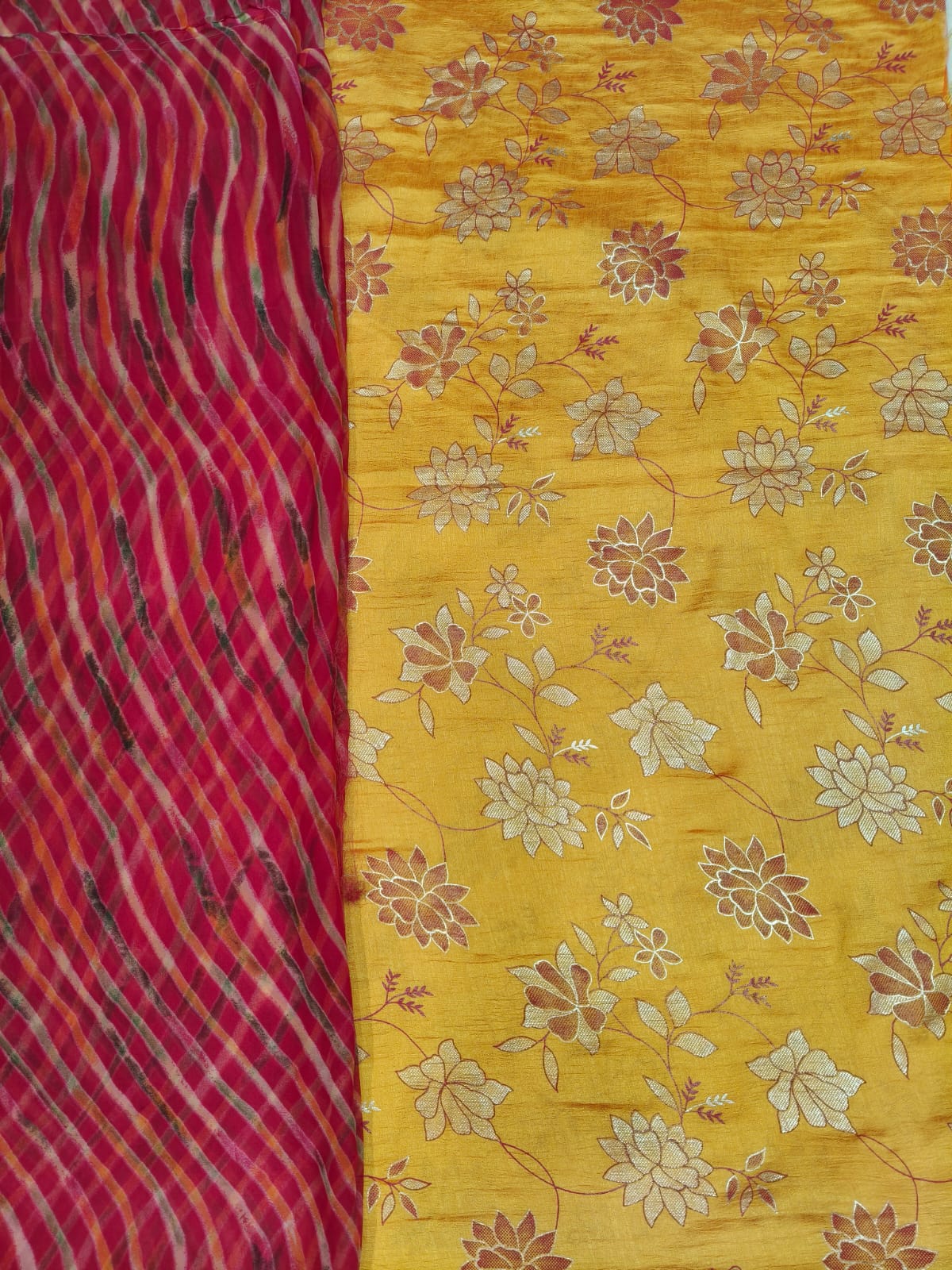 Classic Richa Silk Kamal Pati Suit with Rajan Leheriya Odhni | Mustard Yellow & Magenta Traditional Ethnic Dress