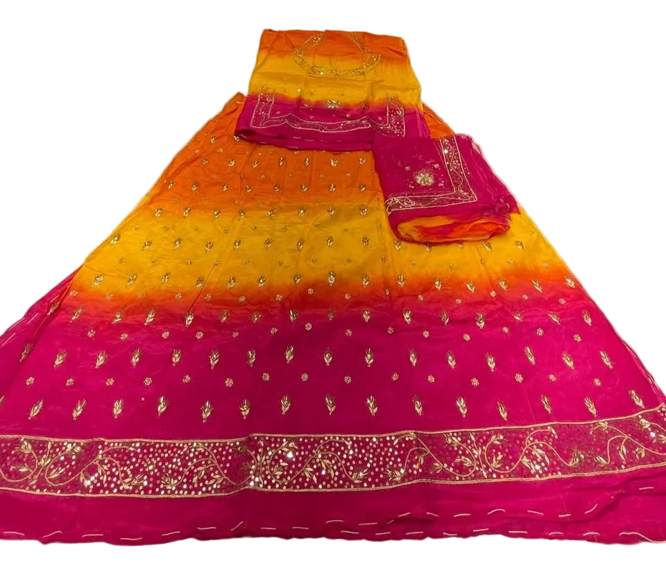 Rajputi Poshak – Ghevar Design Natural Crepe – Orange Yellow & Rani Pink with Thakhurji Odhni – Ganga Rajputi Poshak, Bikaner