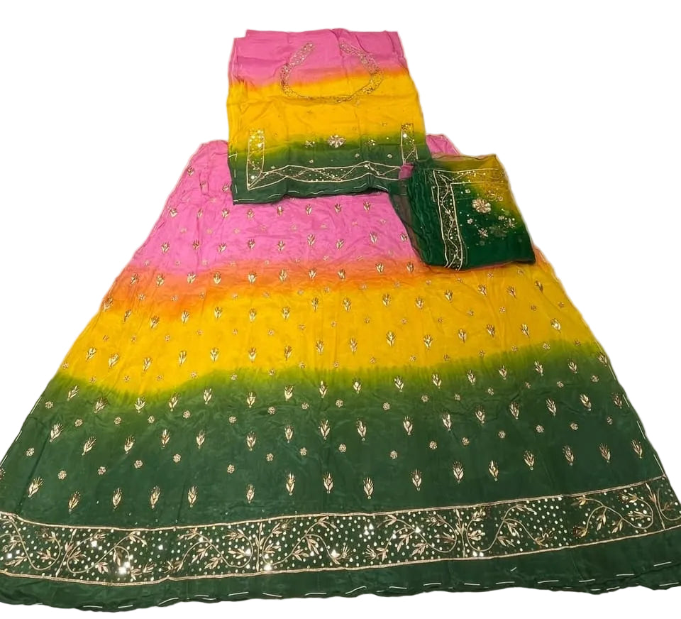 Rajputi Poshak – Ghevar Design Natural Crepe – Pink Yellow & Green with Thakhurji Odhni – Ganga Rajputi Poshak, Bikaner