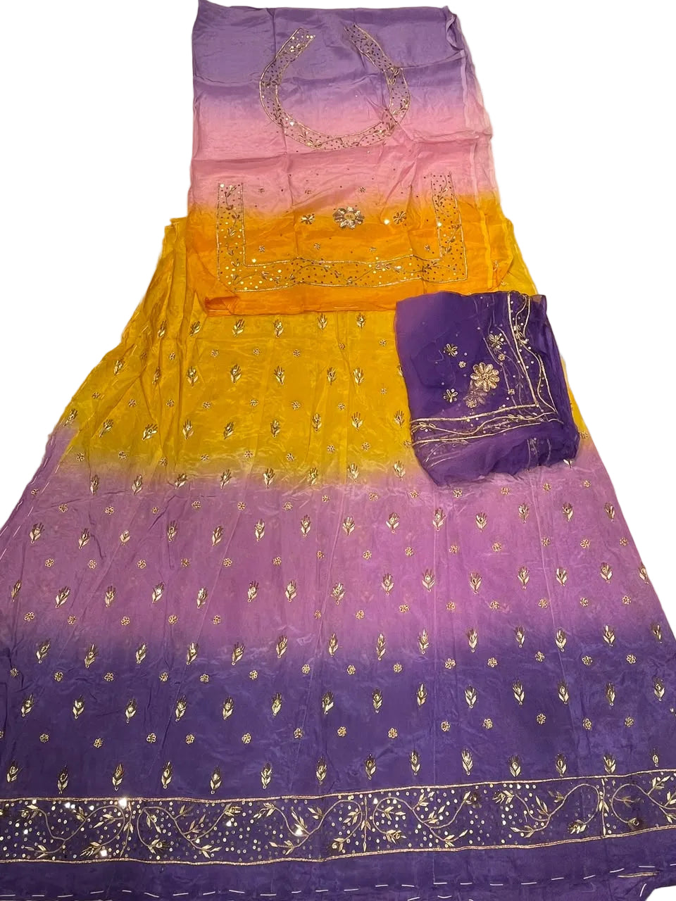 Rajputi Poshak – Ghevar Design Natural Crepe – Purple Yellow & Peach Ombre with Thakhurji Odhni – Ganga Rajputi Poshak, Bikaner