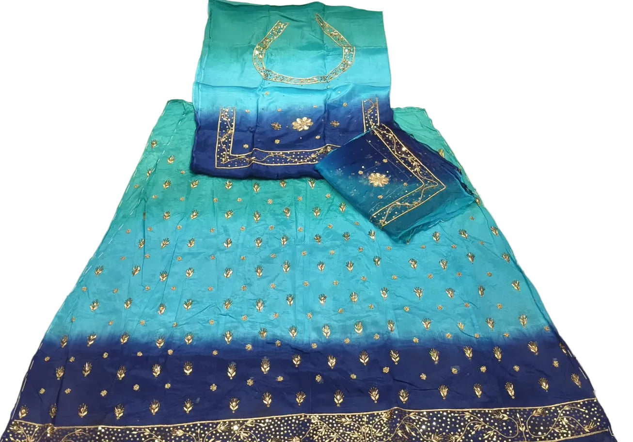 Rajputi Poshak – Ghevar Design Natural Crepe – Sky Blue & Royal Blue with Thakhurji Odhni – Ganga Rajputi Poshak, Bikaner
