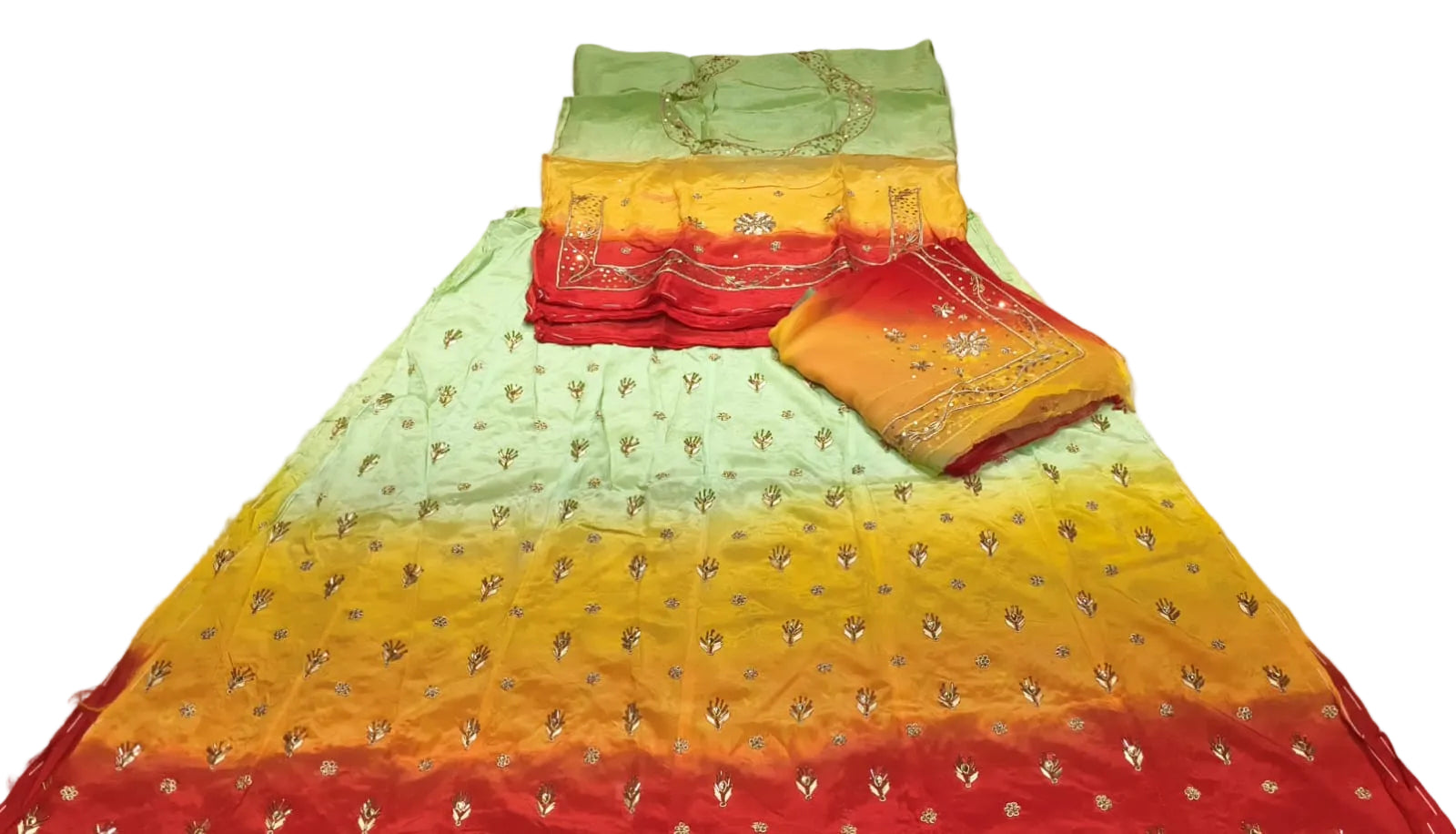 Rajputi Poshak – Ghevar Design Natural Crepe – Mint Green & Multicolor with Thakhurji Odhni – Ganga Rajputi Poshak, Bikaner