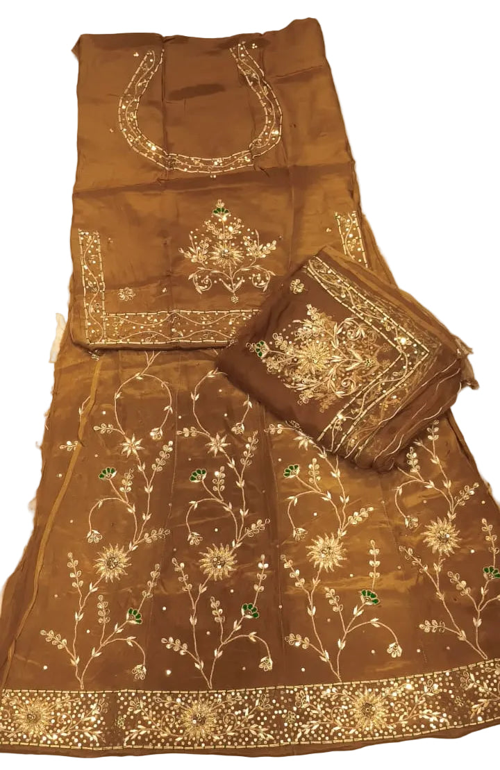 Coffee Brown Sudharshan Chakra Design Rajputi Poshak with Thakhurji Pure Odhni | Natural Pure Crepe Fabric