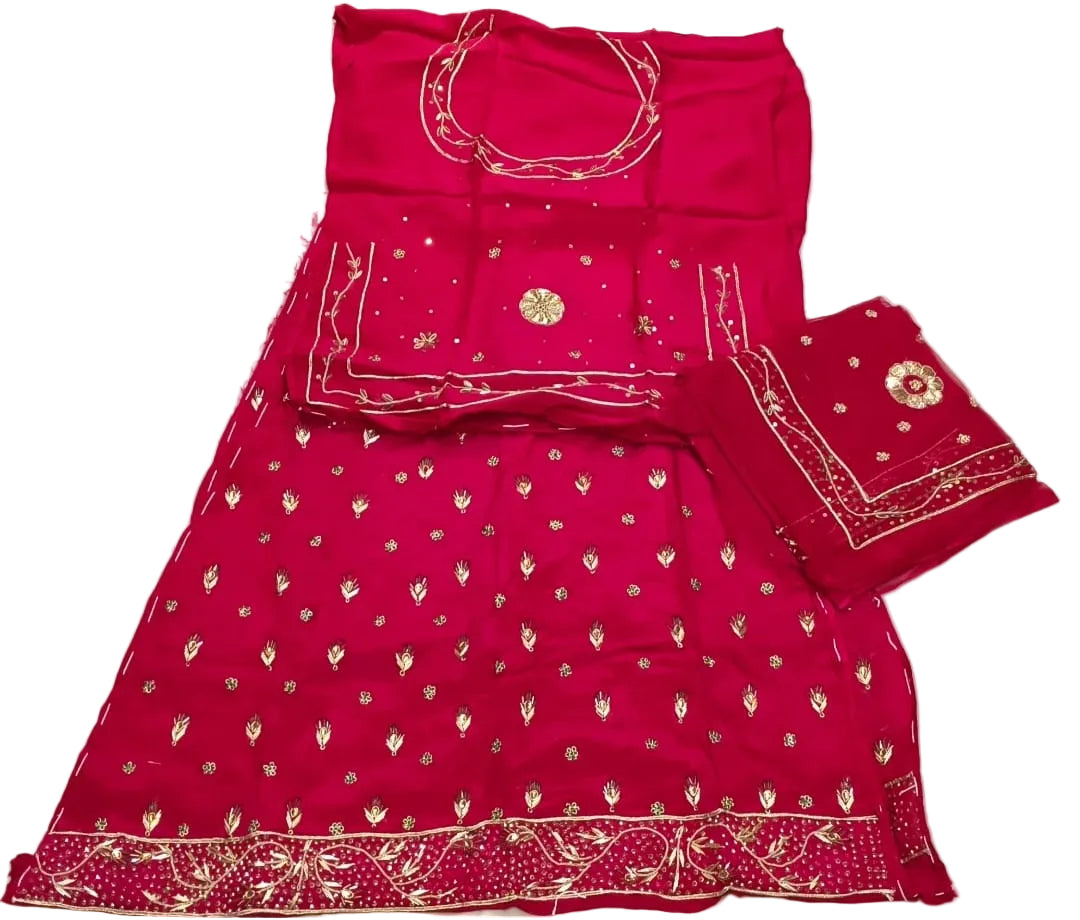 Rajputi Poshak – Ghevar Design Natural Crepe – Rani Pink with Thakhurji Odhni – Ganga Rajputi Poshak, Bikaner