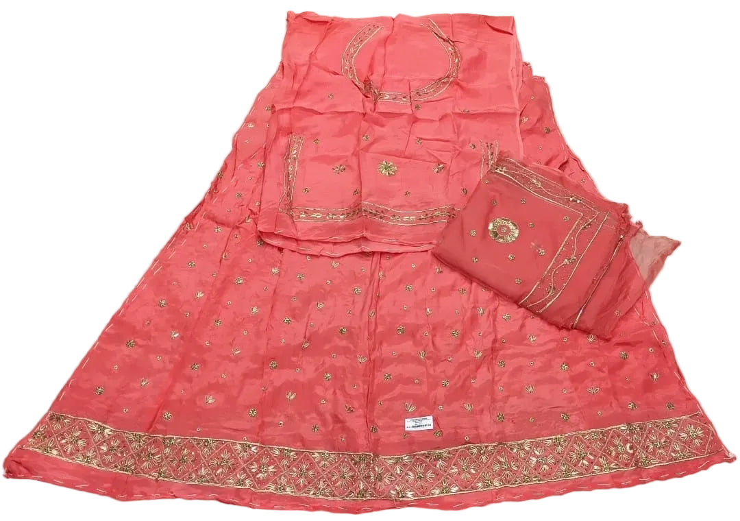 Rajputi Poshak – Ghevar Design Natural Crepe – Peach Coral with Thakhurji Odhni – Ganga Rajputi Poshak, Bikaner